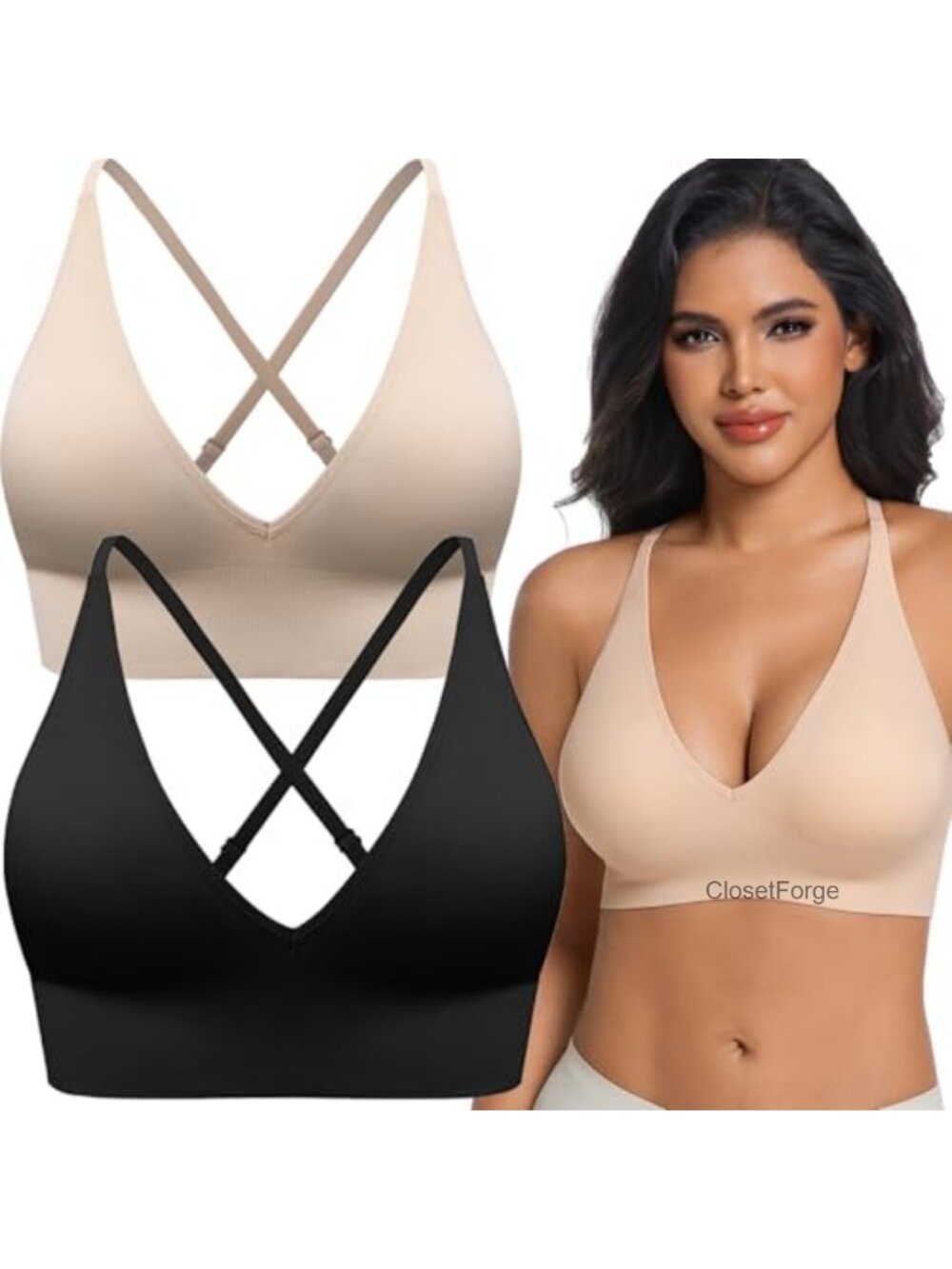 Deep V Neck Push Up Bralette Seamless Sports Bra Wireless Spaghetti Strap Padded - Picture 1 of 6